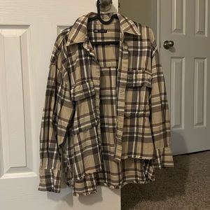 Zara Plaid Button Down Shirt - Beige and Brown
